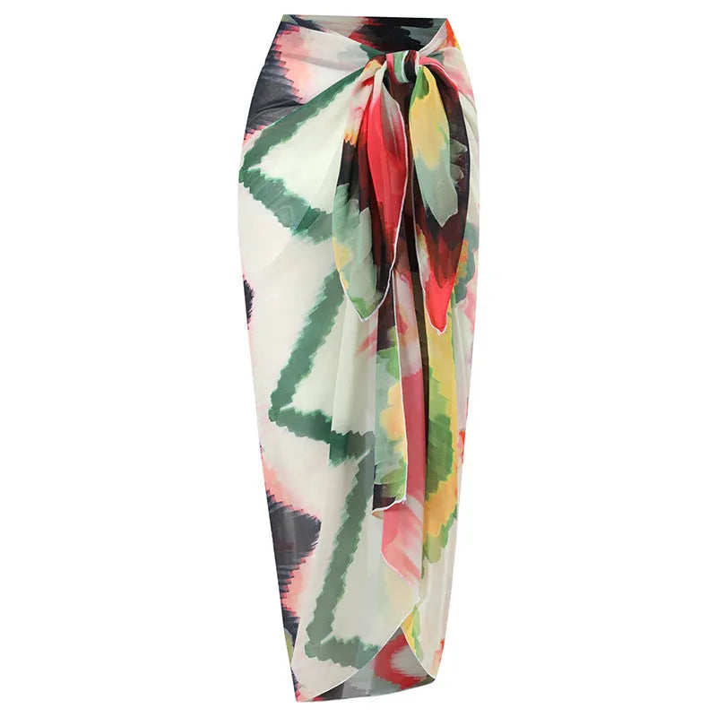 Women's two-piece polyester swimsuit with striped gradient print and matching hip skirt