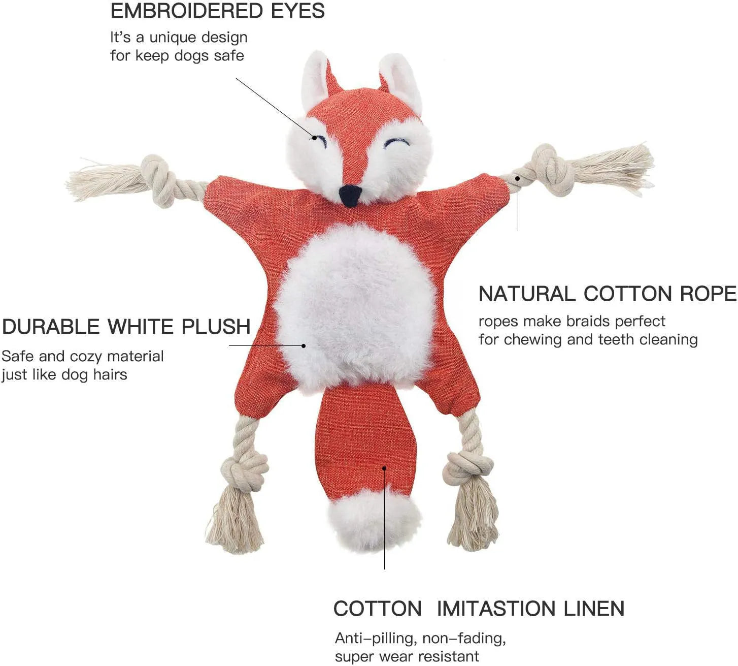 Brown fox-shaped dog toy with embroidered eyes, cotton rope through arms and legs
