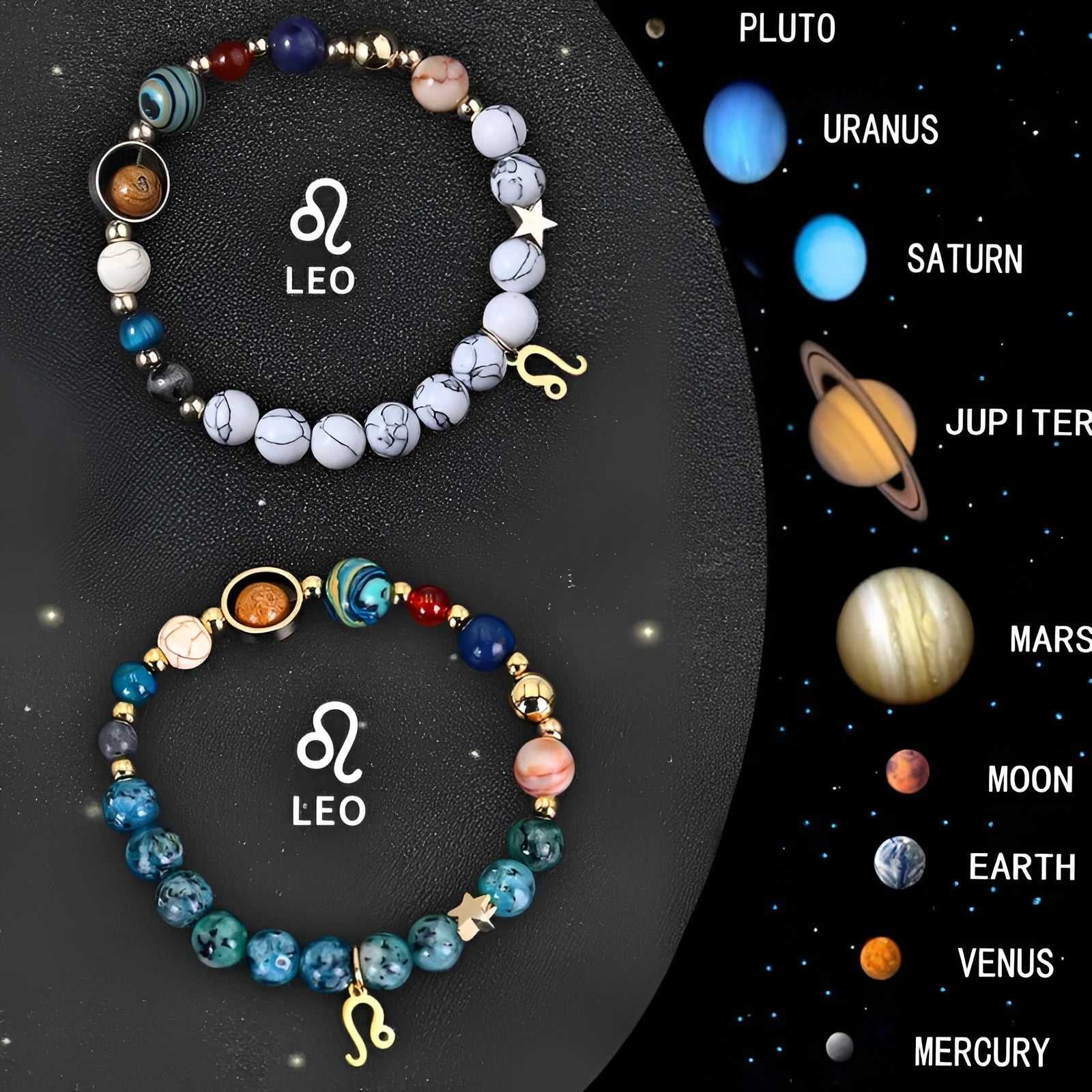 Set of two natural stone beaded bracelets with zodiac sign designs and a stainless steel clasp.