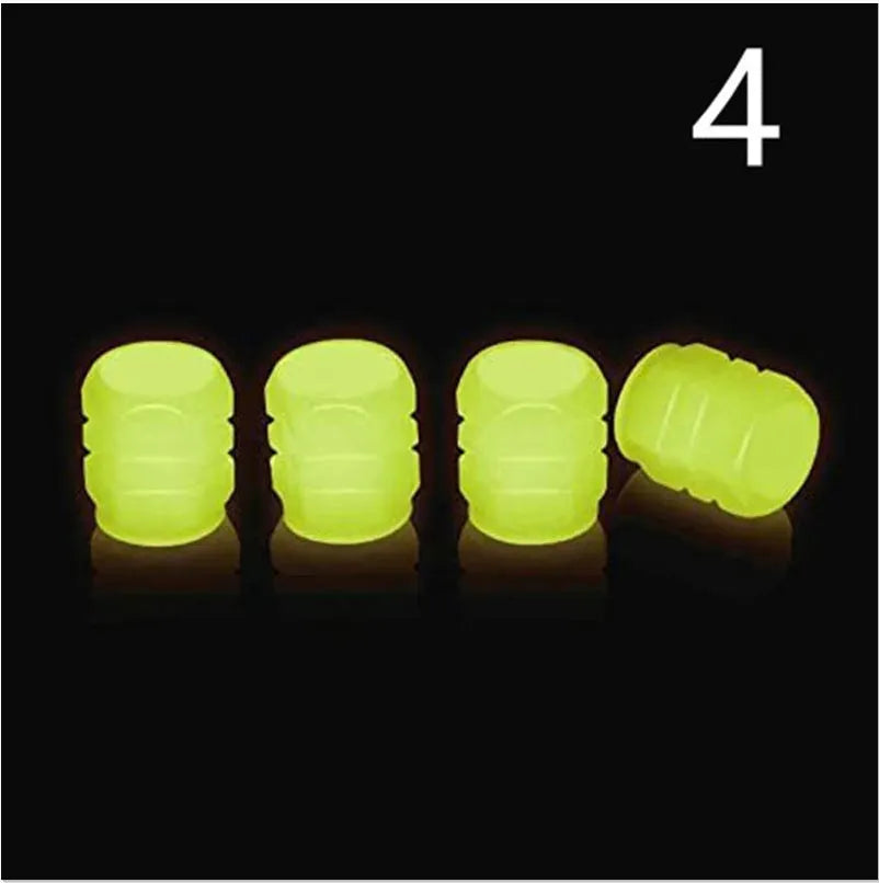 Glow-in-the-dark rubber tyre valve caps in multiple luminous colours for vehicle wheels