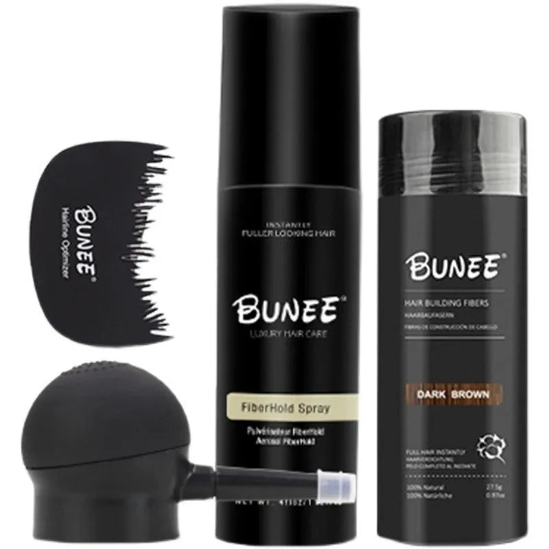 Dense Hair Fibre 275g three-piece set with powder can, applicator nozzle, and shaping spray bottle.