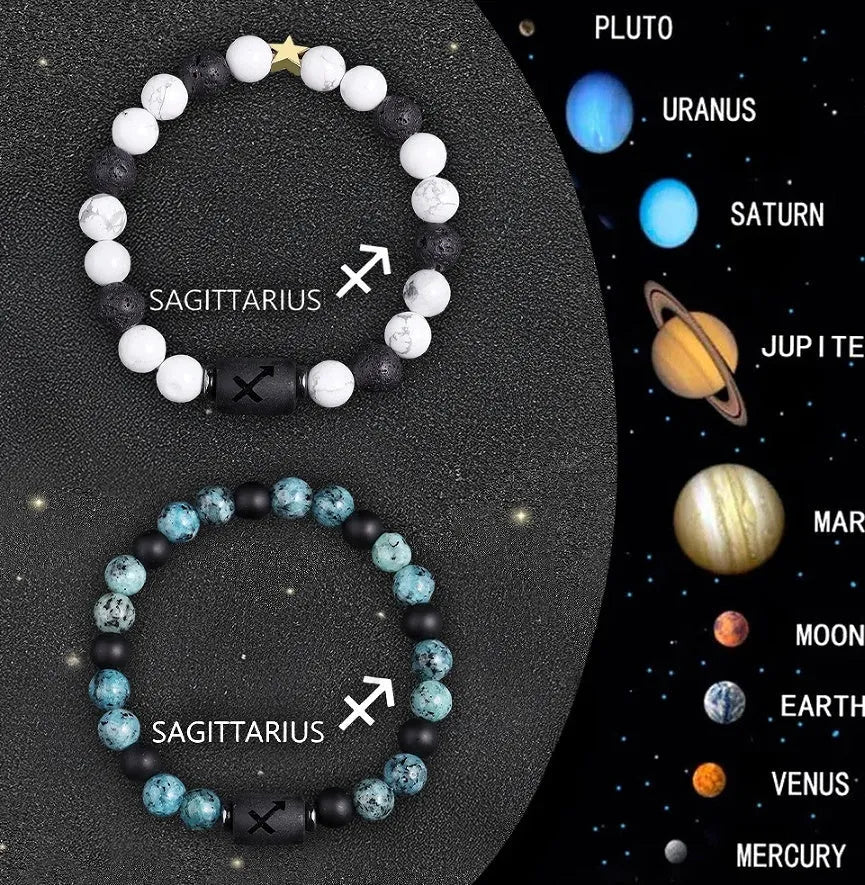 Natural stone beaded zodiac bracelet set with two bracelets showing twelve style options