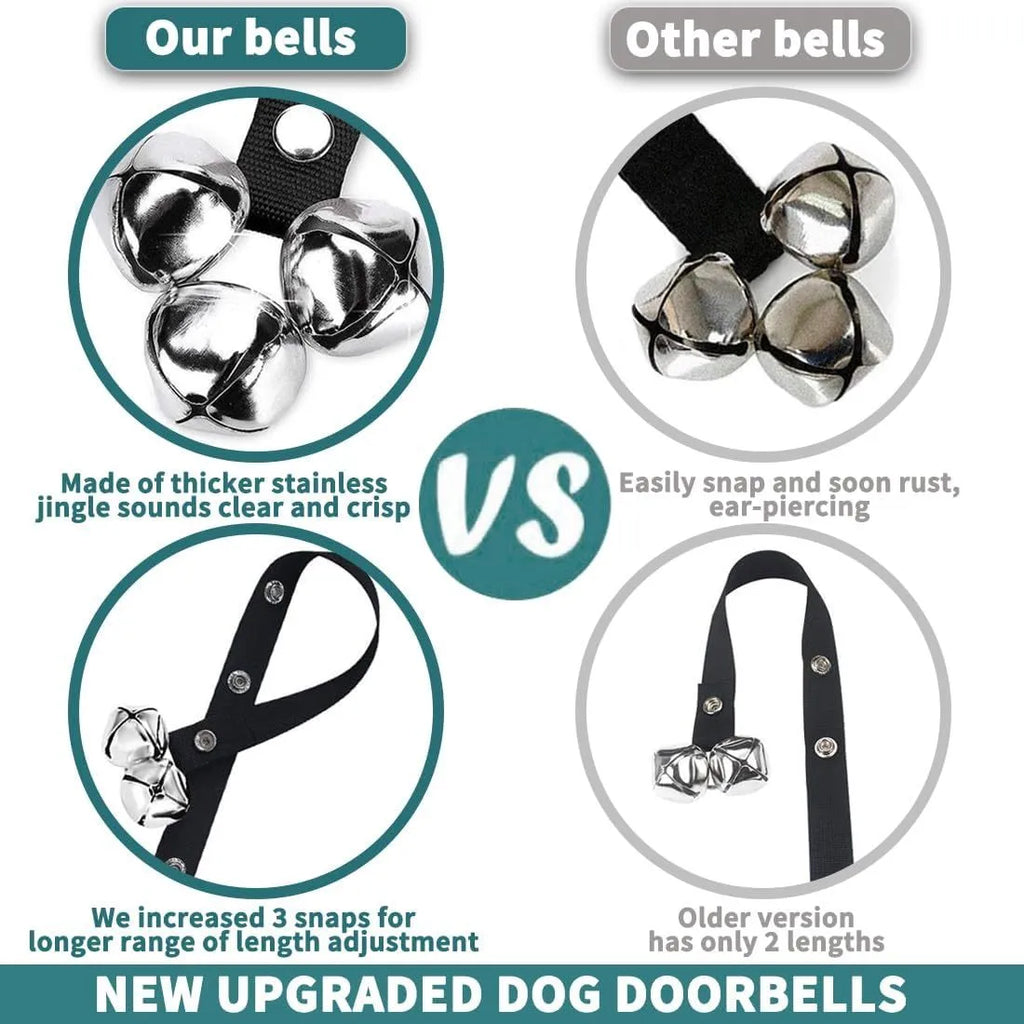 Adjustable dog training doorbell with shiny silver metal bells on a black nylon strap