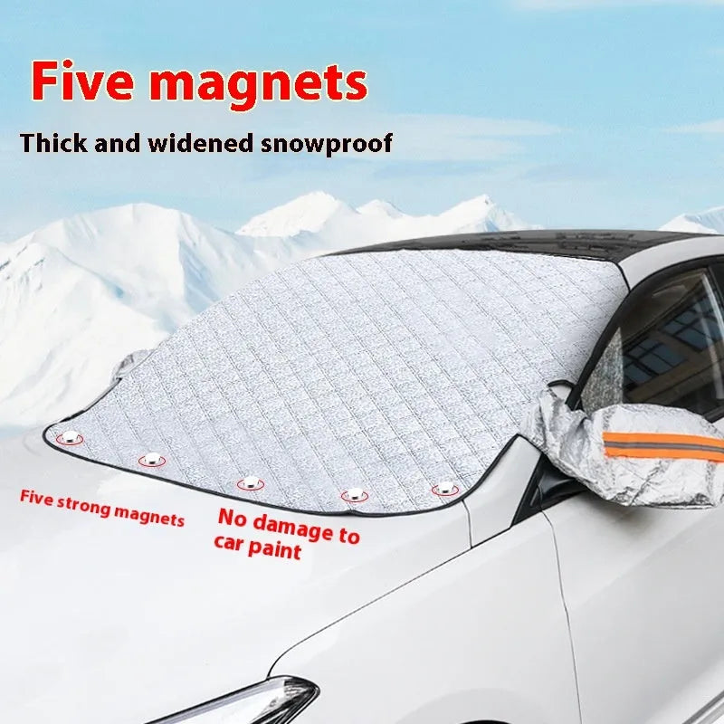 Large SUV winter windscreen cover with aluminum foil construction and magnetic attachments