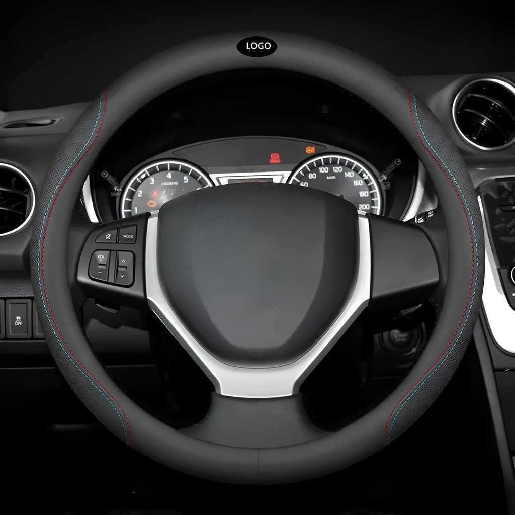 Black two-colour leather steering wheel cover with 38cm diameter for Suzuki vehicles