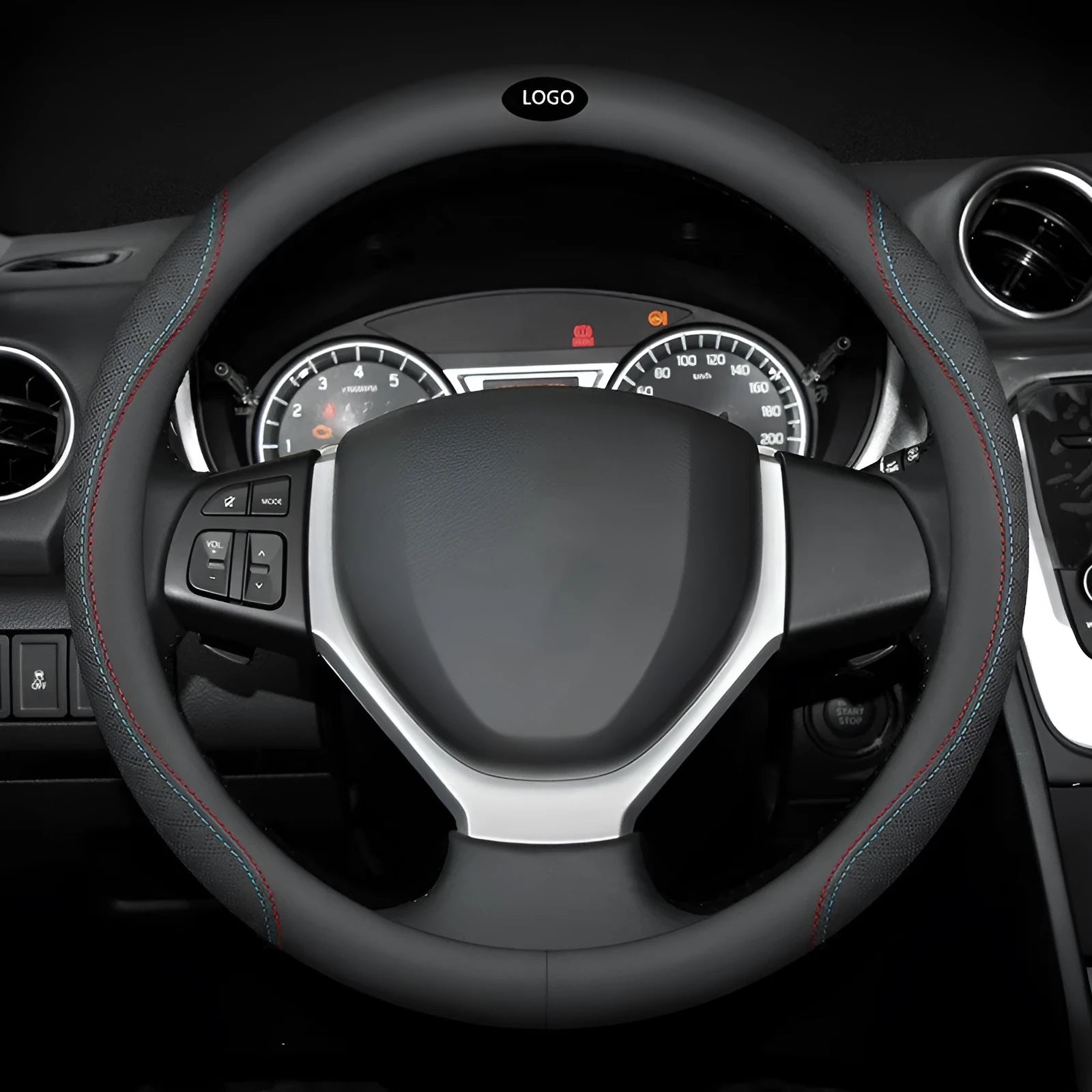 Black two-colour leather steering wheel cover with 38cm diameter for Suzuki vehicles