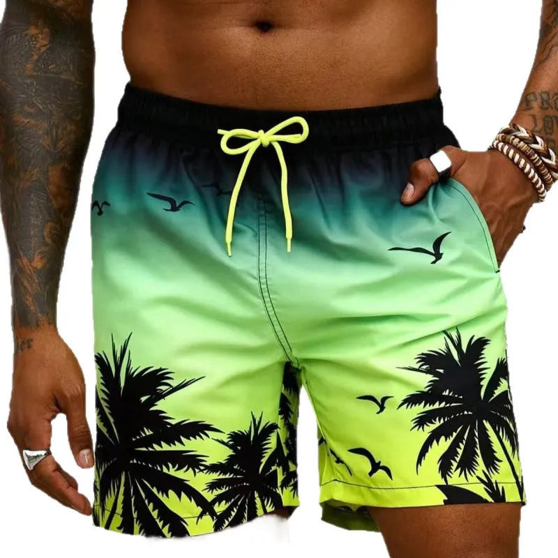 Men's loose board swimming trunks in an ethnic style, made from blue polyester fabric, shown on a size chart.