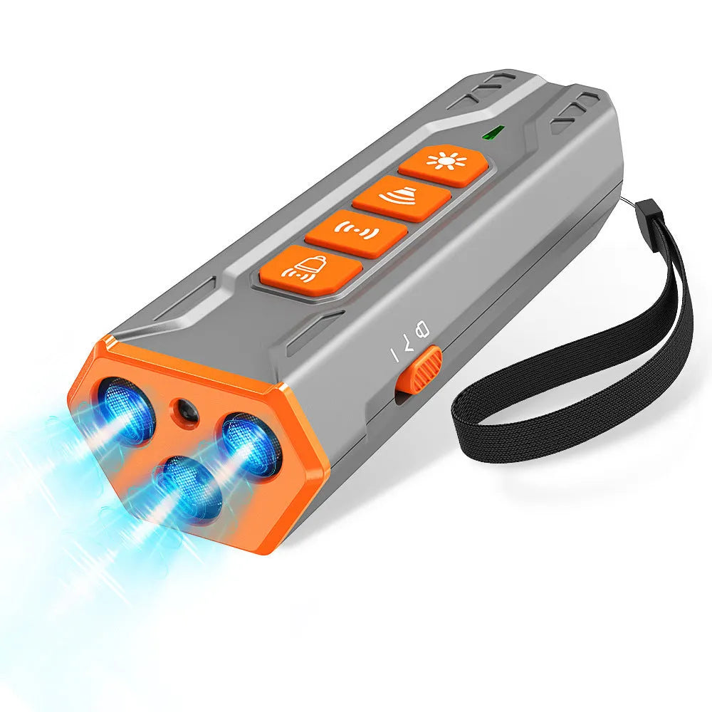 Three-head ultrasonic dog trainer with remote control in grey and orange colour scheme.
