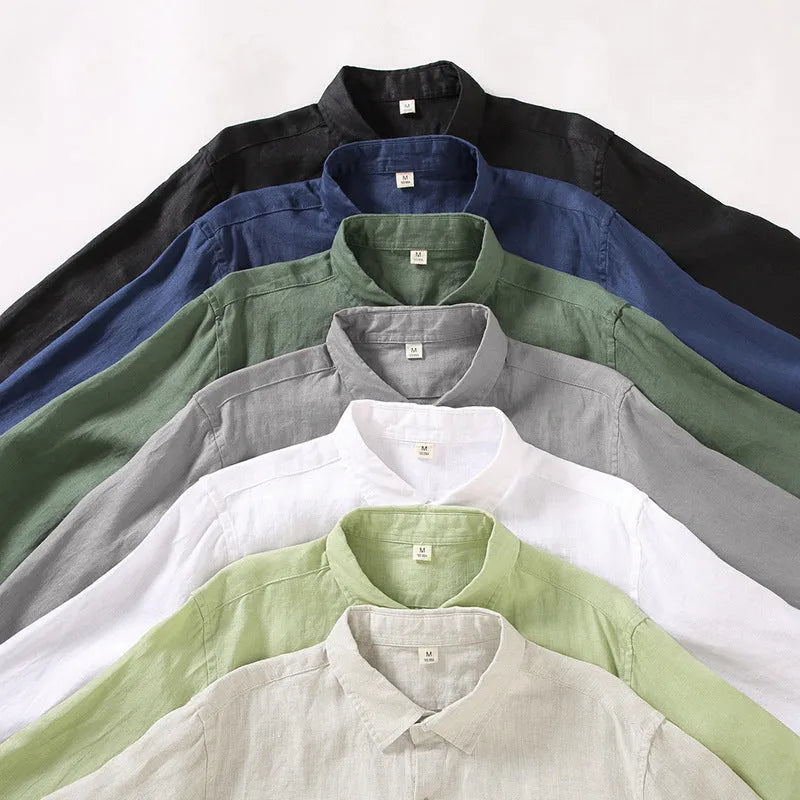Linen long sleeve loose fit shirt in Chinese cardigan style showing solid colour options