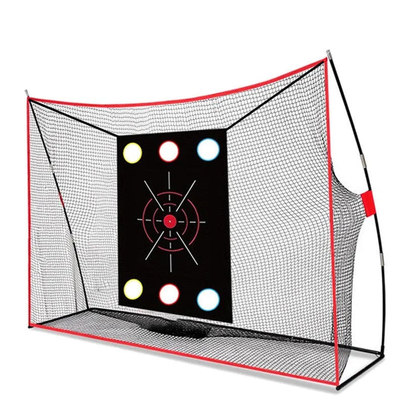 Golf swing wedge training net kit with cross target, straw mat, and practice balls