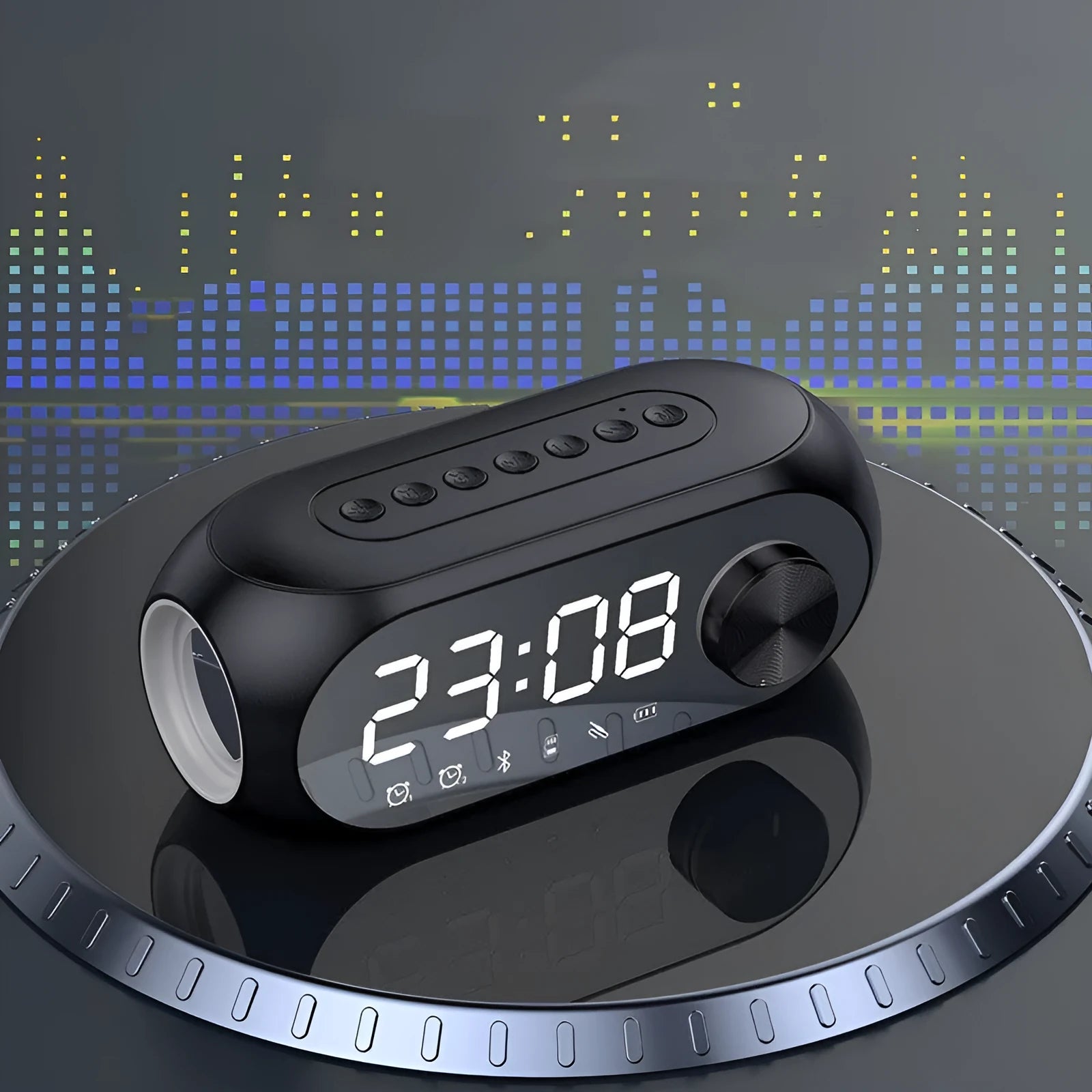 Mini Bluetooth speaker with digital clock display in black, blue or white colours showing extra bass feature