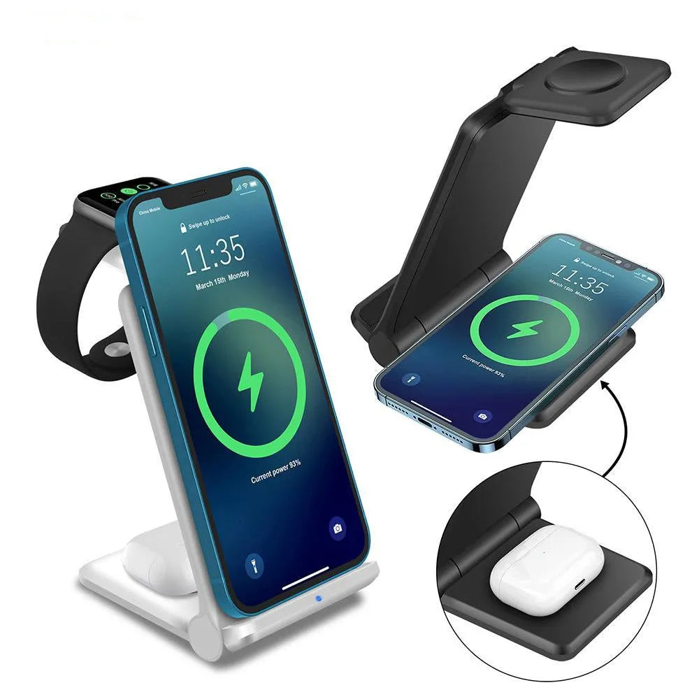 White 3-in-1 wireless charging station dock for phone, Apple Watch and AirPods with foldable design.
