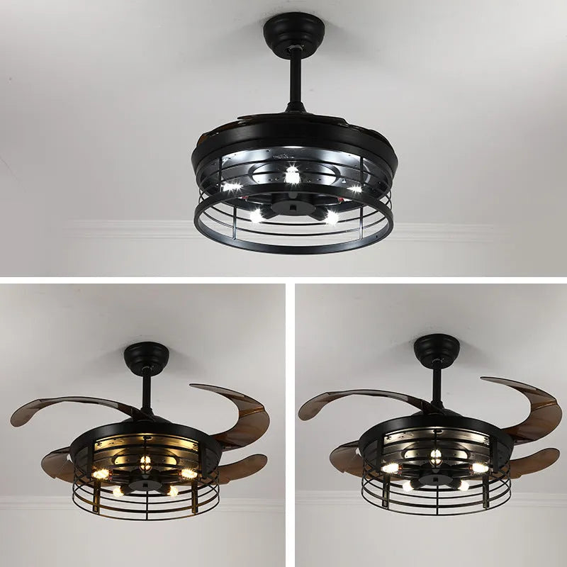 Industrial retro ceiling fan lamp with integrated light and acrylic blades, remote control included.