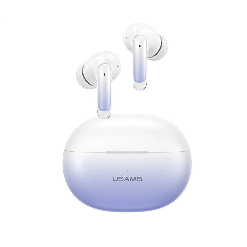 Wireless in-ear gaming headset in gradient blue colour showing earbud and charging case.