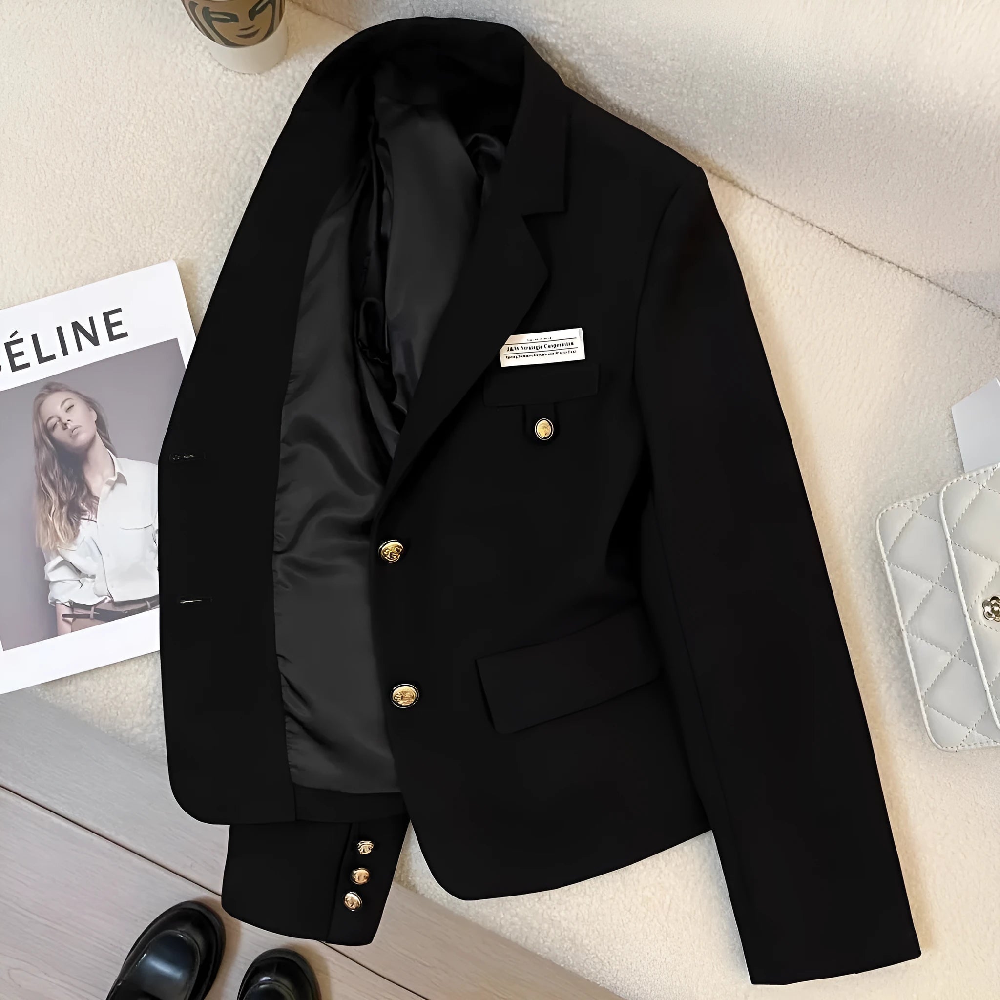 Women's black loose fit polyester suit coat with long sleeves and pocket design