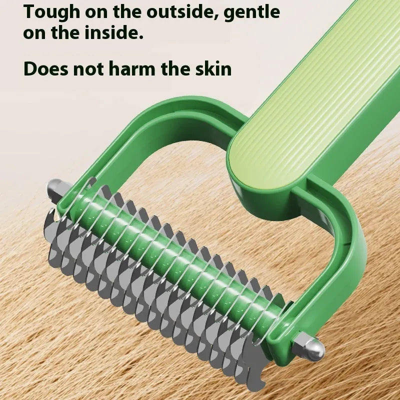 Green and grey dog grooming comb with stainless steel teeth for removing mats and tangles.