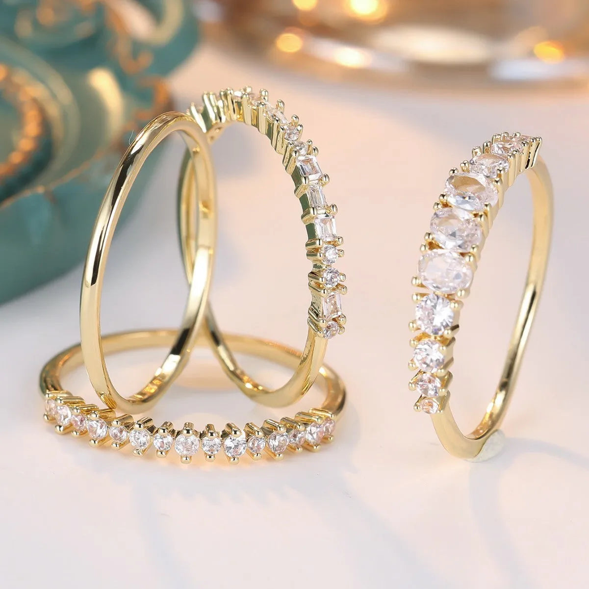 Round copper ring set with cubic zirconium electroplated finish in gold white diamond colour unisex style