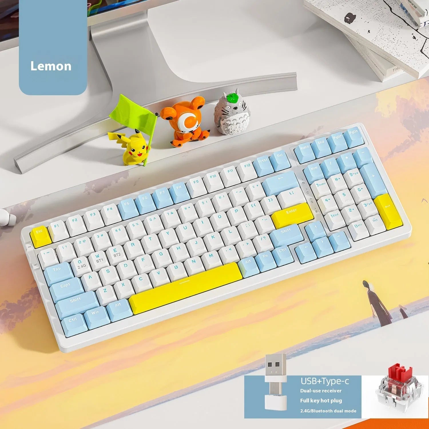 K96 Bluetooth dual-mode mechanical keyboard with red switches in blueberry, cheese, lemon, and shimmer colour options