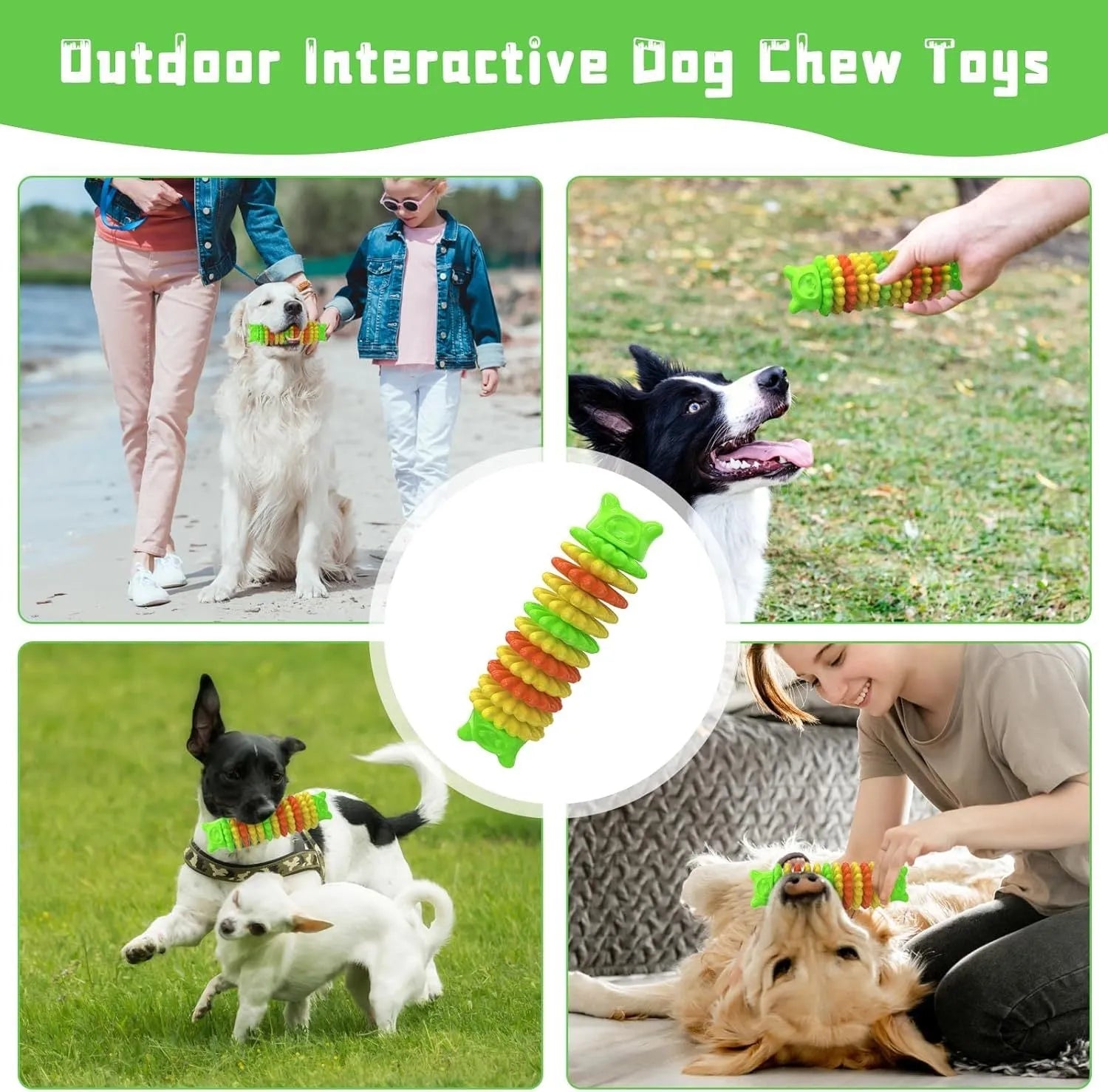 Blue natural rubber caterpillar-shaped chew toy for dogs on a wooden floor.