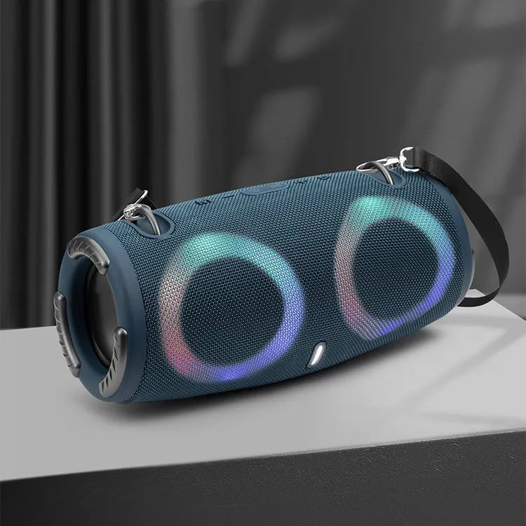 War Drum portable Bluetooth speaker with RGB coloured lights in multiple colour options on a strap.