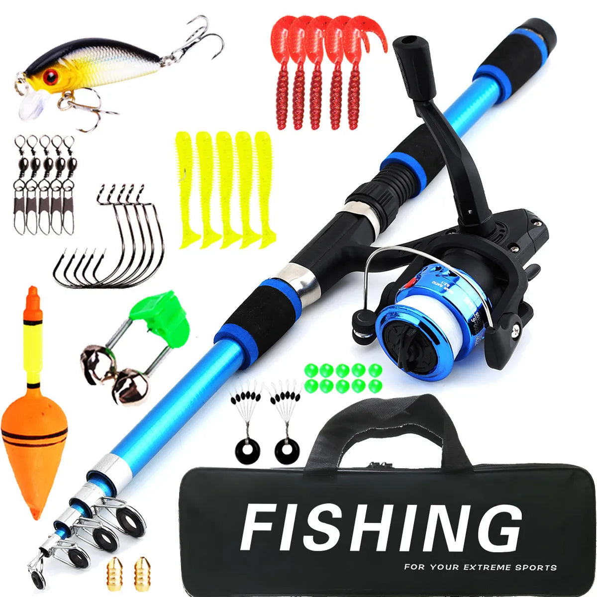 Novice children's fishing rod with pole and wheel suit in blue, green, red or yellow colour options