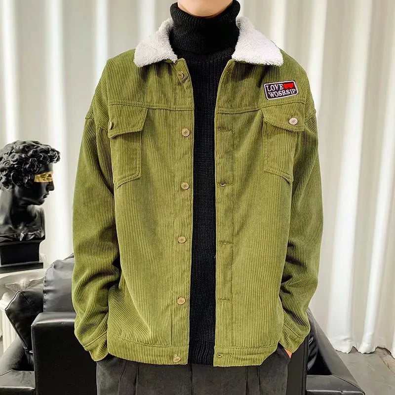 Men's loose fit corduroy workwear jacket in khaki colour with stick pockets