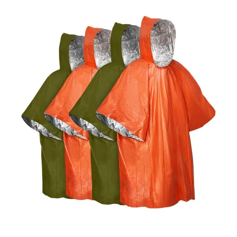 Marathon cross-country raincoat in orange and army green colours showing 100x130cm adult dimensions