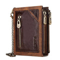 Dark brown men's RFID blocking leather wallet with chain detailing and card organisation