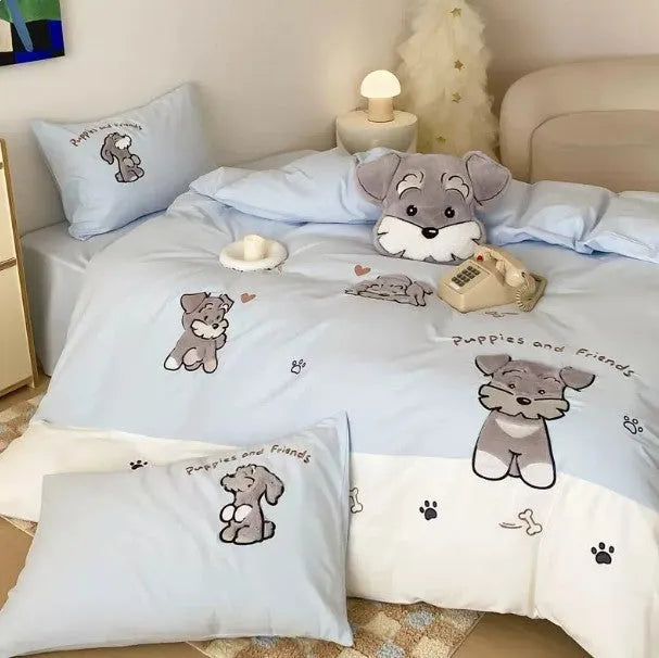 Cute Schnauzer embroidered cartoon design on thickened cotton duvet cover and pillowcases bedding set