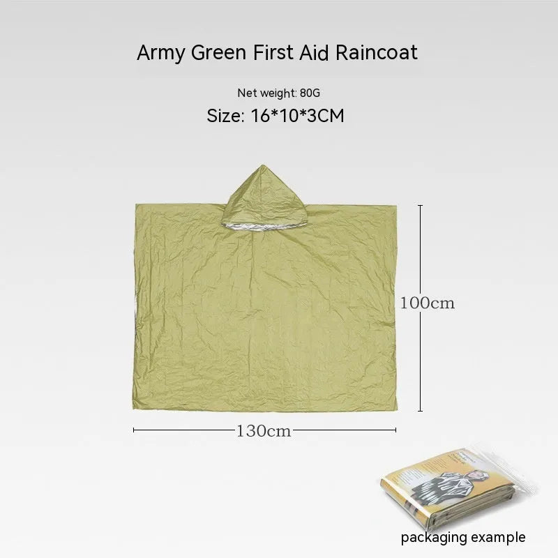 Emergency disaster relief tent kit with sleeping bag and raincoat in orange and green colours