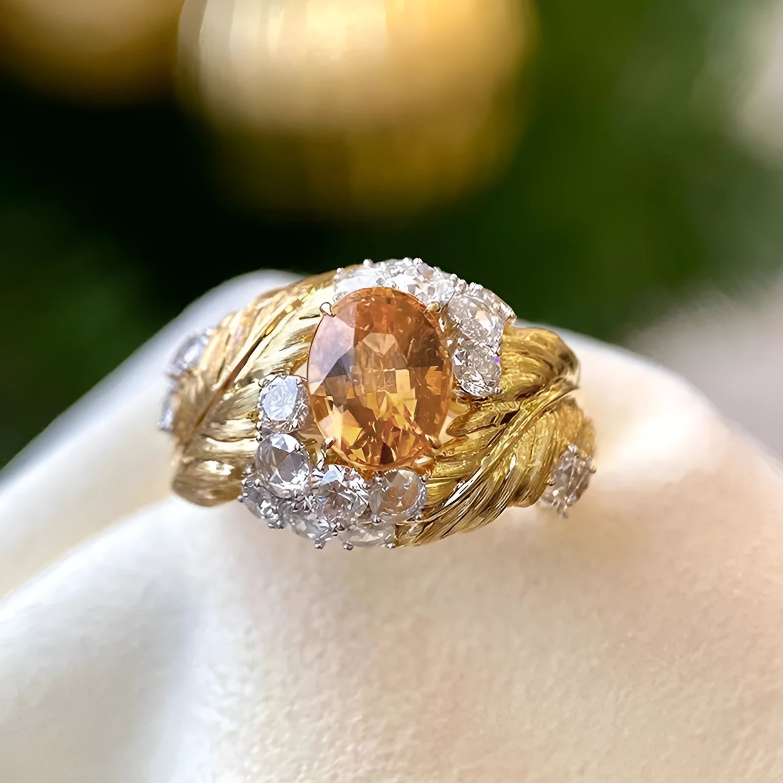 Gold women's feather ring with embossed geometric design and yellow zircon stone