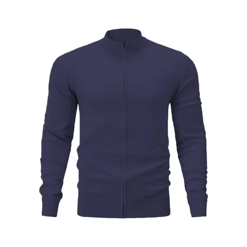 Stand collar zip-up casual sweater in cotton fabric, loose fit cardigan style