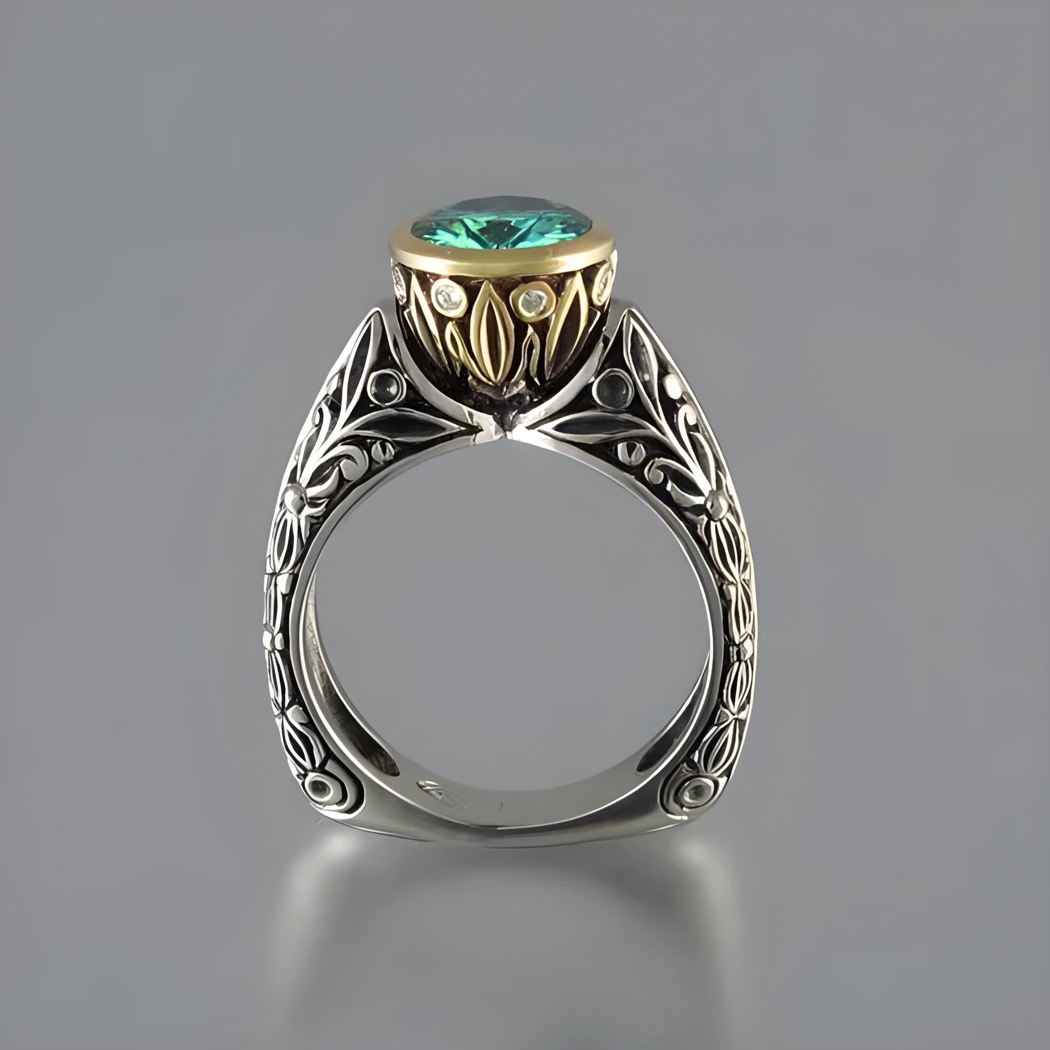 Green silver gold-plated flower-shaped vintage ring with colour separation design on a neutral background
