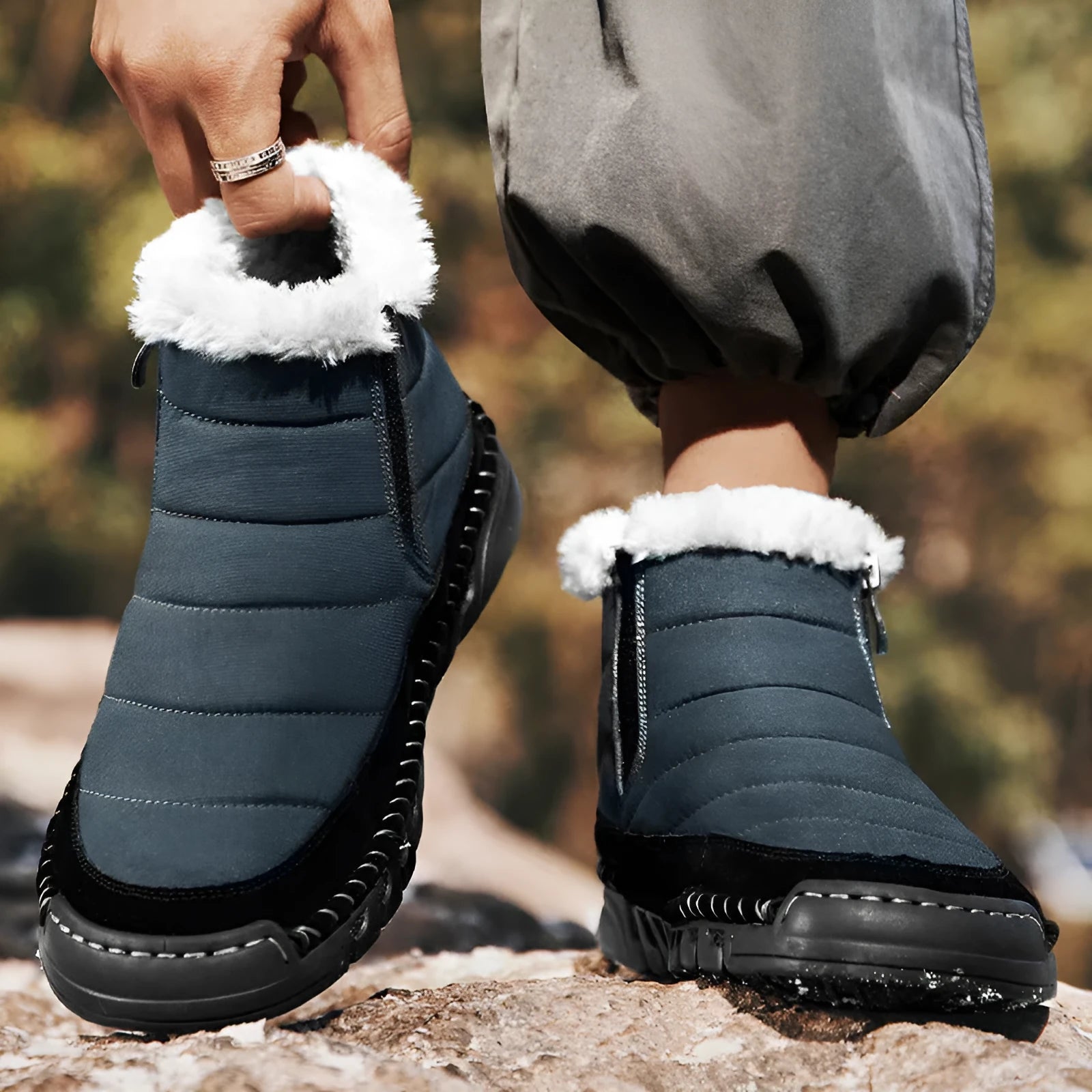 Men's plus size insulated snow boot in black with cotton upper and non-slip rubber sole.