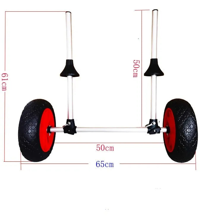 Foldable aluminium kayak beach trailer cart with rubber wheels and upright pole.