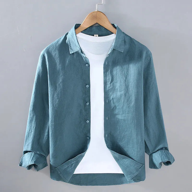 Men's pure linen long sleeve shirt in cardigan style, shown in a solid colour.