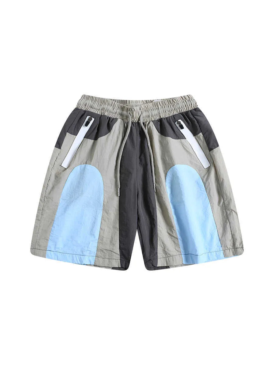 Blue patchwork men's quick-drying shorts with micro-elastic waistband and straight-leg cut