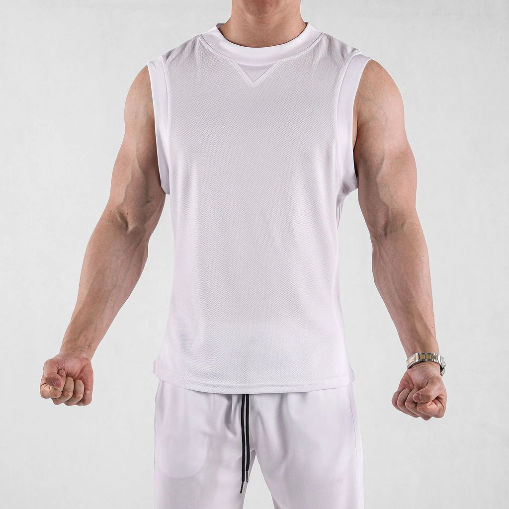 Men's loose fit polyester sports vest in white and black colours for summer fitness