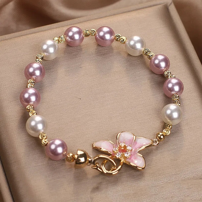 New Chinese style wisteria flower imitation pearl bracelet for women in pink colour, sweet light luxury design