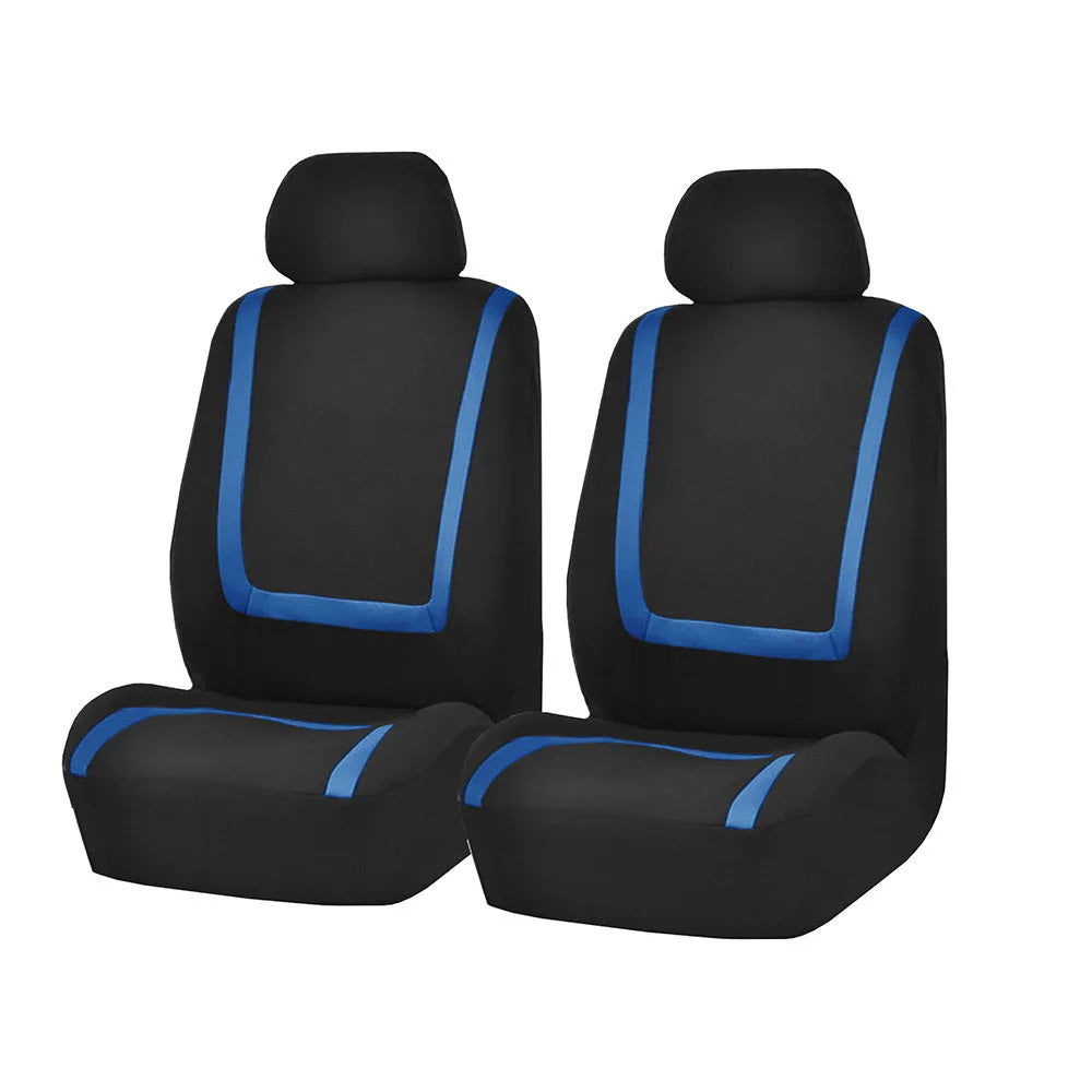 Universal fabric car seat cover set showing headrest and seat panels in a two-tone colour option