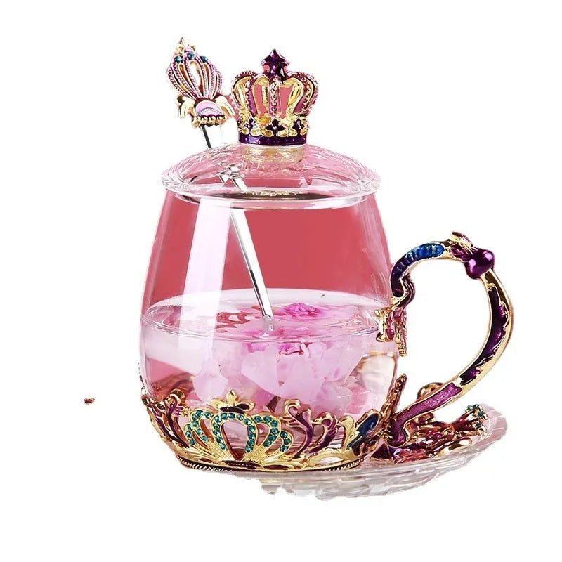 Round heat-resistant glass tea cup with enamel spoon, lid, and plate in solid colour, short cup style
