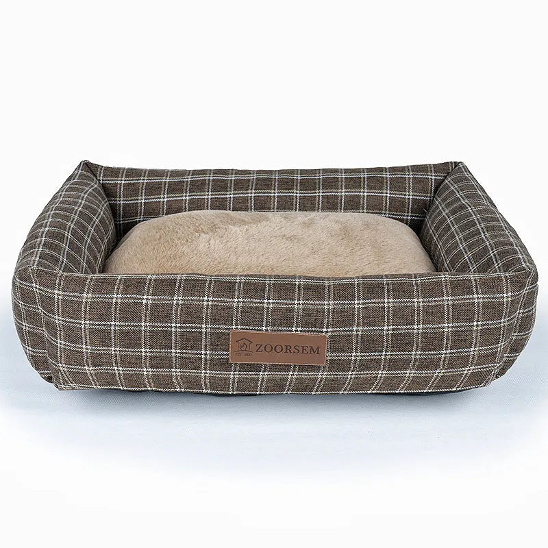 Square grey linen pet bed for dogs with dimensions 50x40cm to 80x60cm options