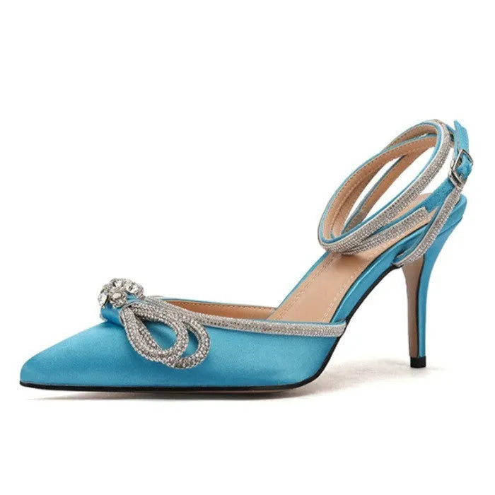 Women's black silk bandage stiletto heel sandals with buckle closure on ankle strap