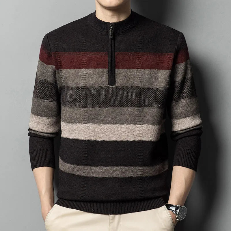 Men's contrasting striped pure wool knitted sweater in dark gray, slim fit pullover style, long sleeves