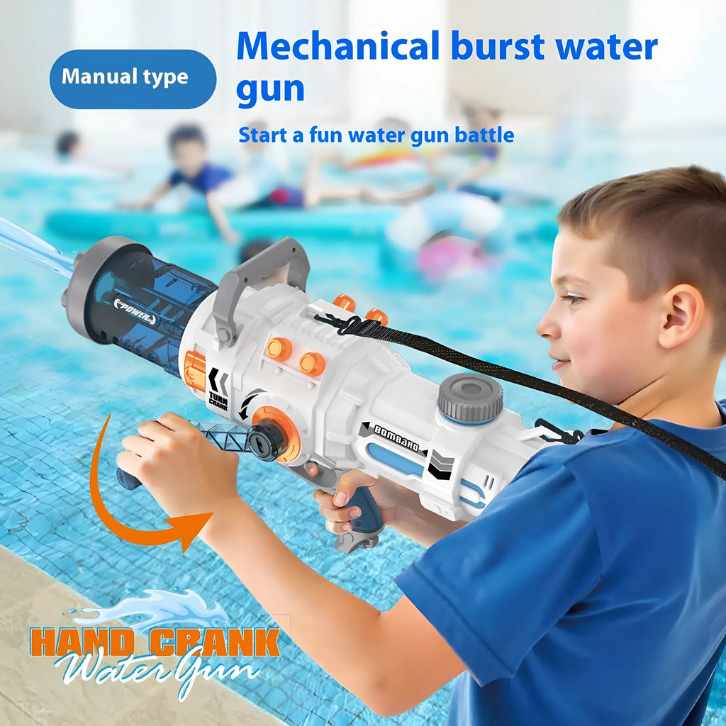 Hand-cranking gatling water gun with 1000ML capacity in blue and white plastic