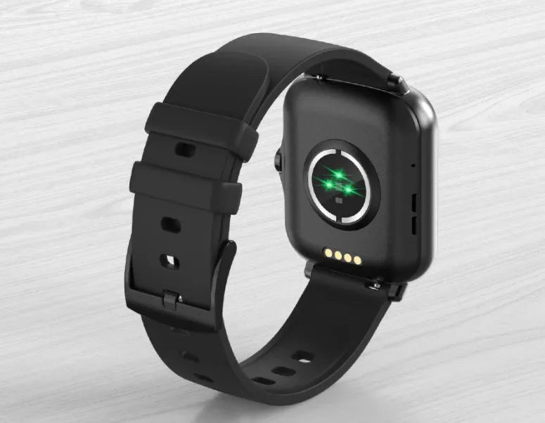 Black smart watch with 1.7-inch colour touch screen and silicone strap on a wrist.