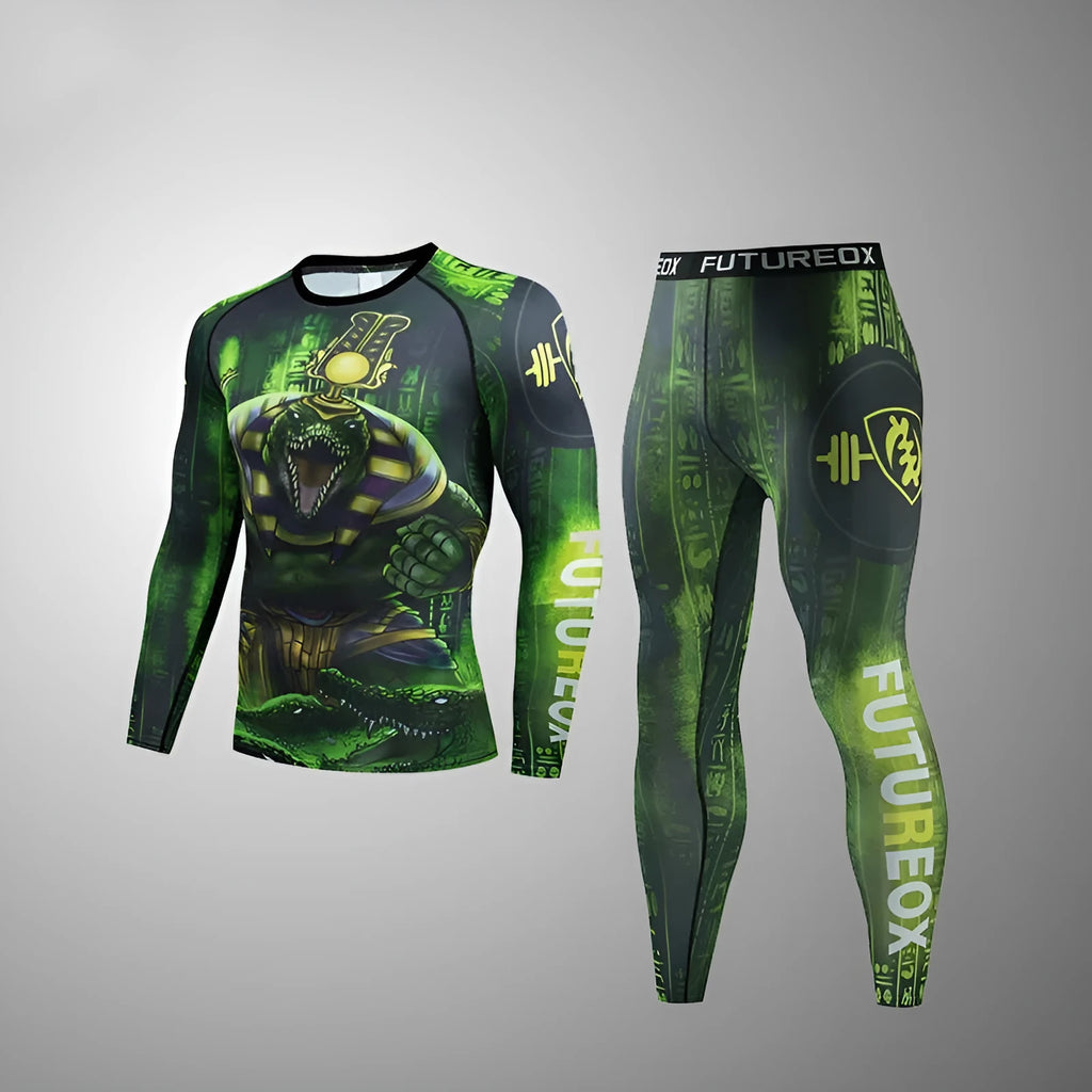 Men's slim-fit ZF016 print sports suit with long sleeve top and trousers for running and fitness.