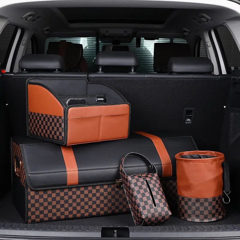 Black retractable leather car trash can with folding design and carry handle
