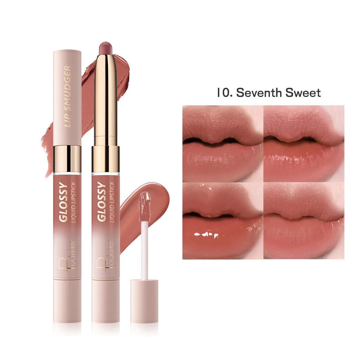 Double-headed lipstick lip gloss showing two matte colour ends with ten shade options from 01 to 10