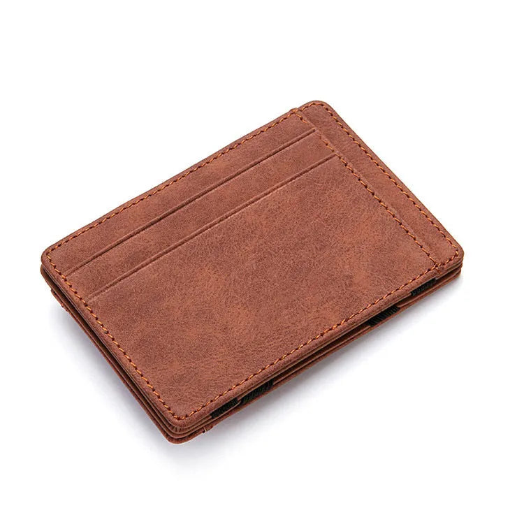 PU leather magic flip wallet with zipper coin purse in solid colour with sewing line detail